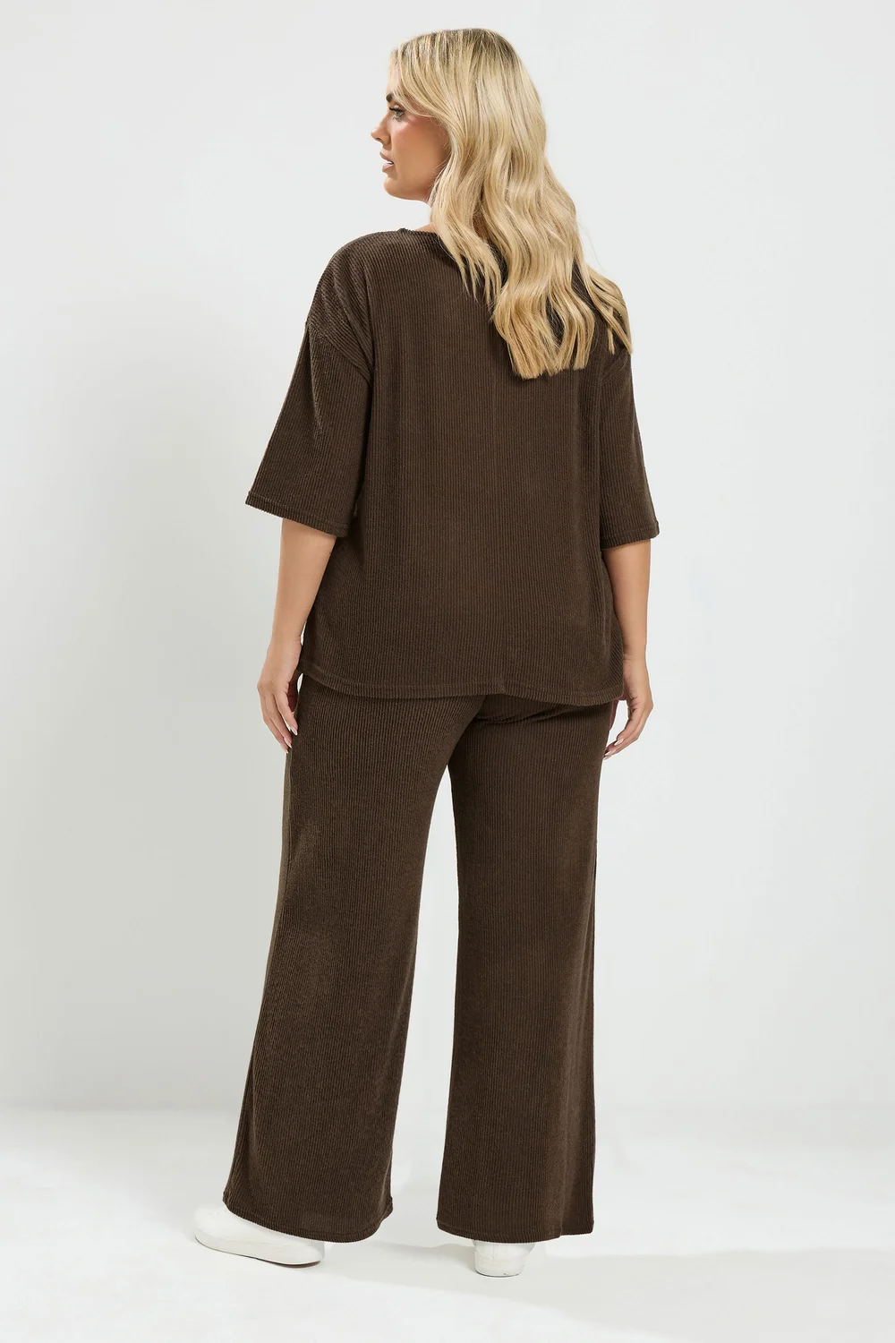 Yours Curve Chocolate Brown Ribbed Wide Leg Trouser Set - 20 Image 3