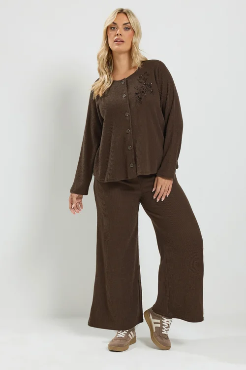Yours Curve Chocolate Brown Soft Touch Embroidered Cardigan Set - 26-28 Image 1