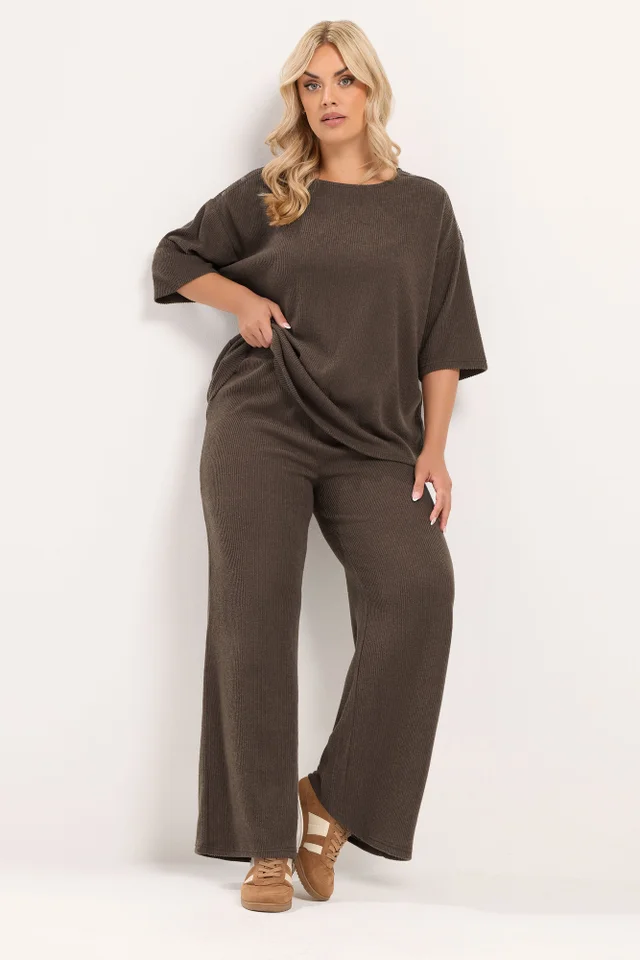 Yours Curve Chocolate Brown Ribbed Wide Leg Trousers