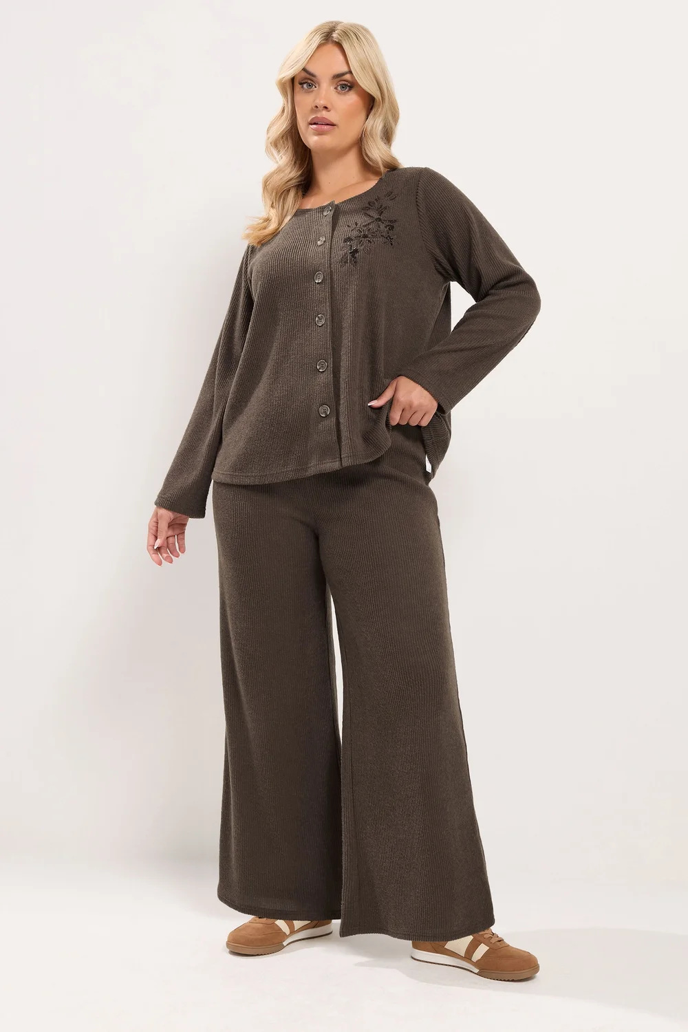 Yours Curve Chocolate Brown Ribbed Wide Leg Trousers - 10 Image 1