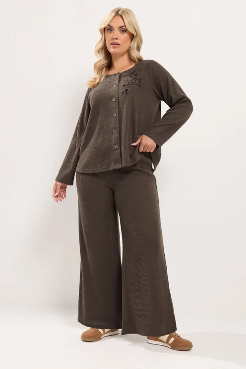 Yours Curve Chocolate Brown Ribbed Wide Leg Trousers - 10 Image 1