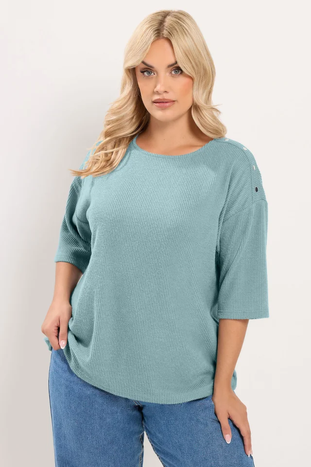 Yours Curve Blue Ribbed Studded Top