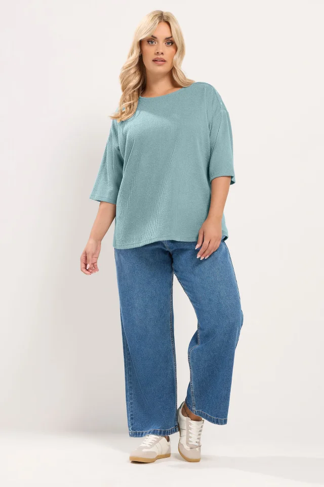 Yours Curve Blue Ribbed Studded Top