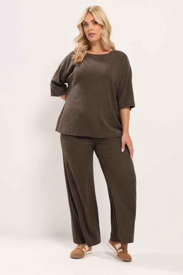 Yours Curve Chocolate Brown Ribbed Studded Top
