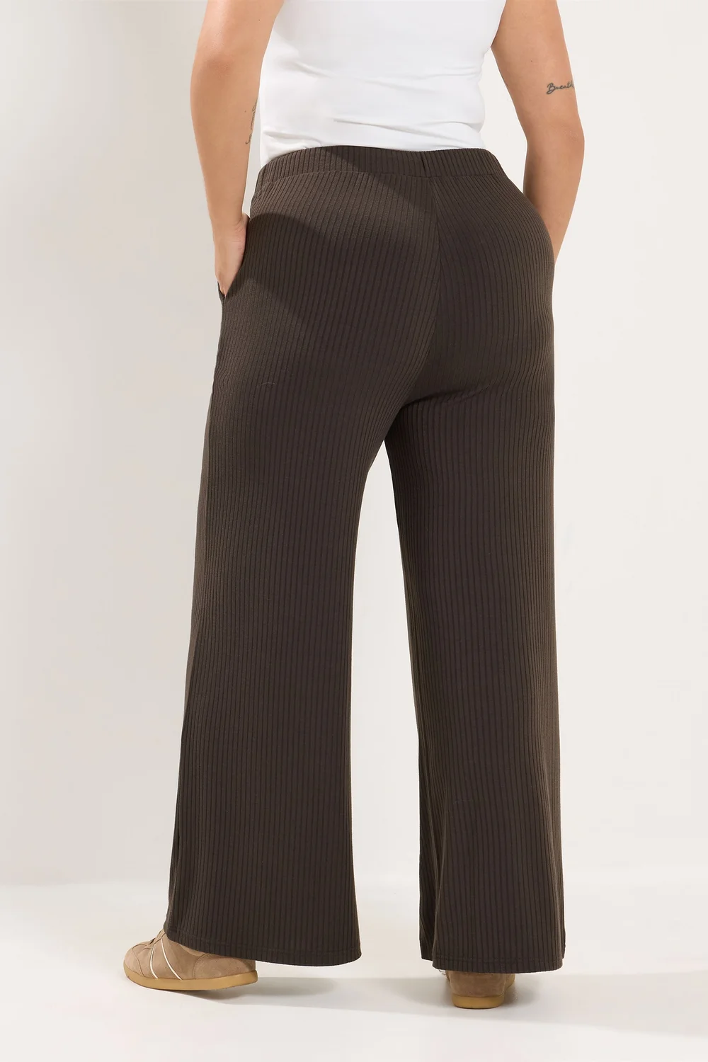 Yours Curve Chocolate Brown Ribbed Pull On Trousers - 20/L30 Image 3
