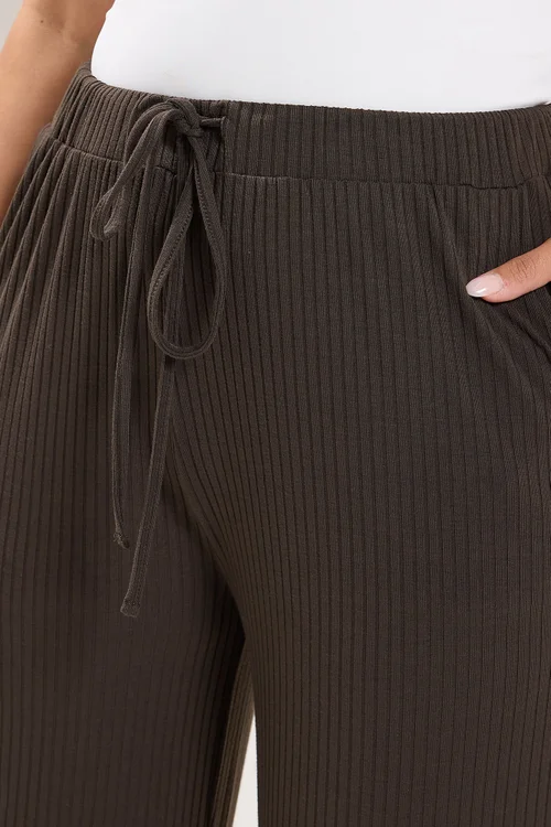 Yours Curve Chocolate Brown Ribbed Pull On Trousers - 20/L30 Image 4
