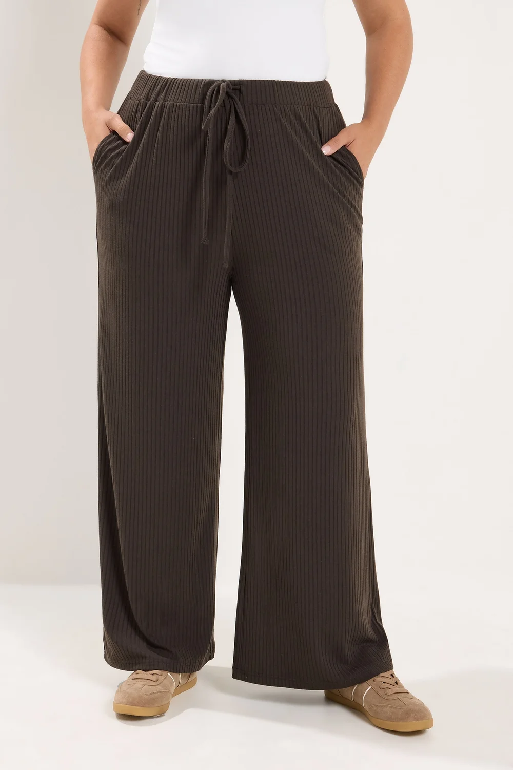 Yours Curve Chocolate Brown Ribbed Pull On Trousers - 20/L30 Image 1
