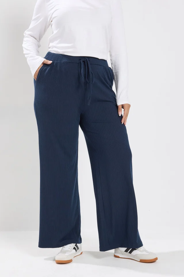 Yours Curve Navy Blue Ribbed Pull On Trousers