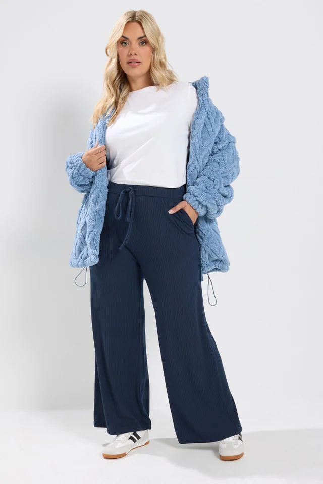 Yours Curve Navy Blue Ribbed Pull On Trousers