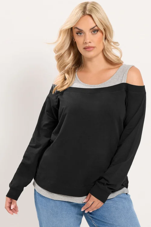 Yours Curve Black 2 In 1 Bardot Ribbed Trim Top - 14 Image 1