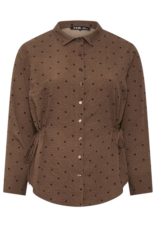 Yours Curve Brown Polka Dot Textured Shirt - 26-28 Image 5