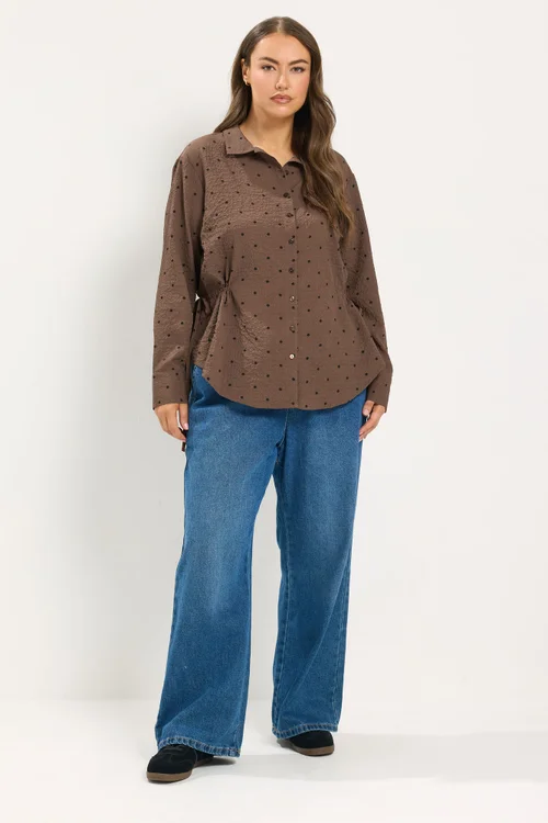 Yours Curve Brown Polka Dot Textured Shirt - 26-28 Image 2