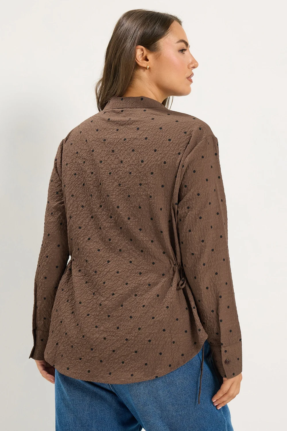 Yours Curve Brown Polka Dot Textured Shirt - 26-28 Image 3