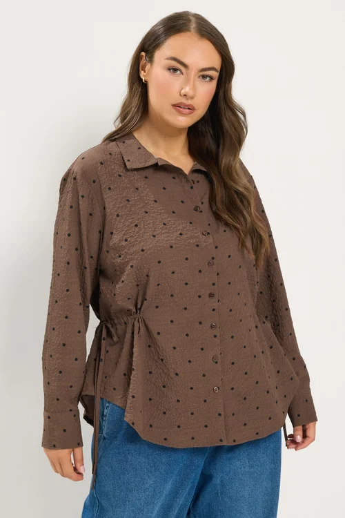 Yours Curve Brown Polka Dot Textured Shirt - 26-28 Image 1