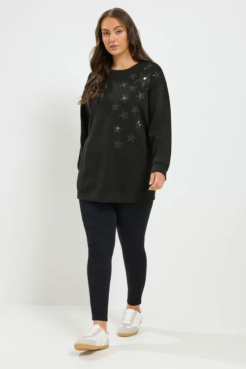 Yours Curve Black Star Long Sleeve Sweatshirt - 26-28 Image 2