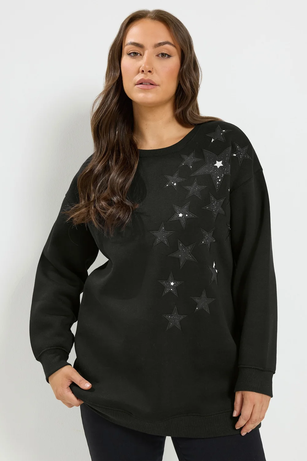 Yours Curve Black Star Long Sleeve Sweatshirt - 26-28 Image 1