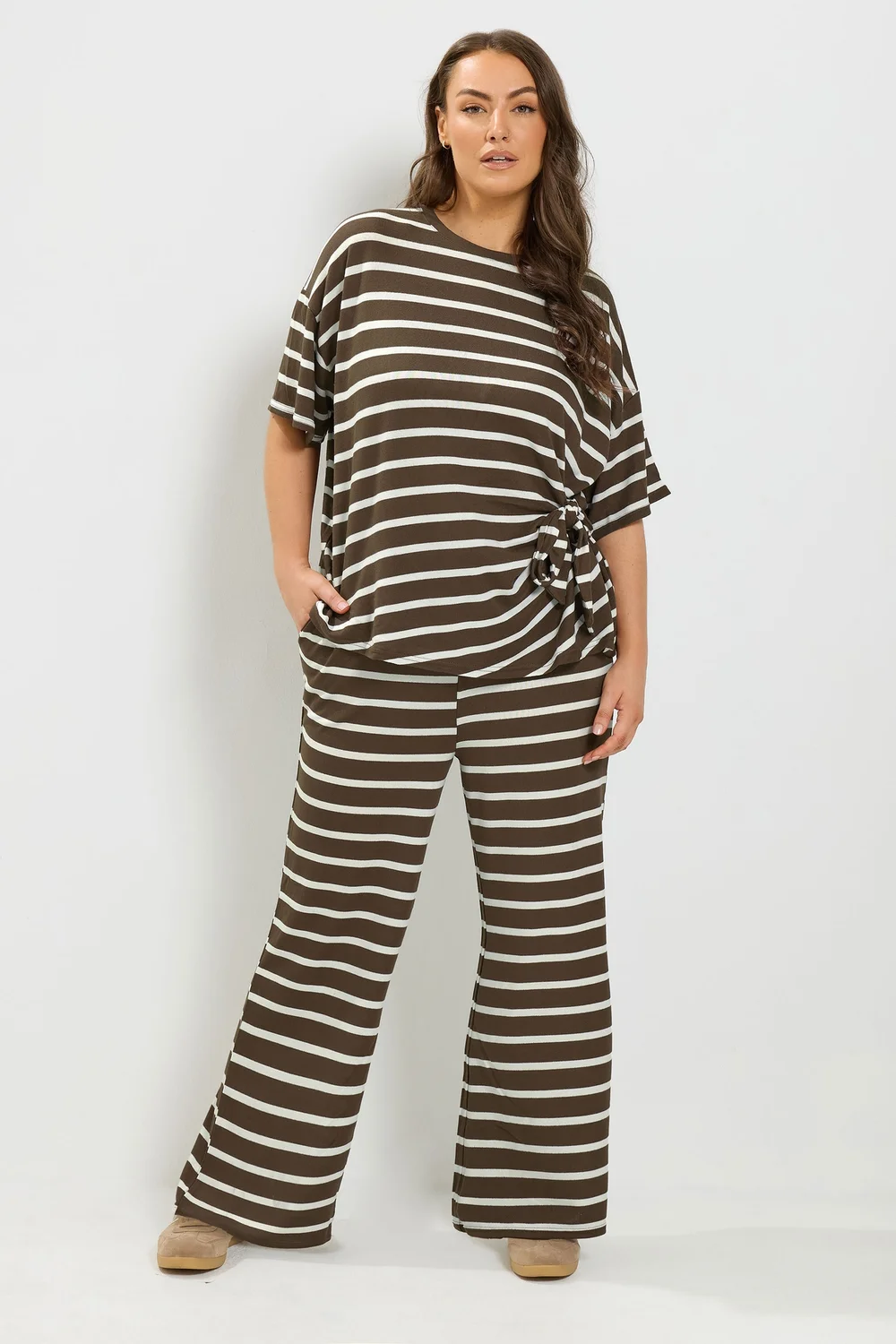 Yours Curve Chocolate Brown Stripe Tie Waist Trouser Set - 14 Image 1