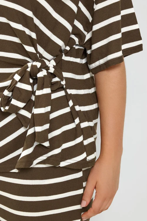 Yours Curve Chocolate Brown Stripe Tie Waist Trouser Set - 14 Image 4