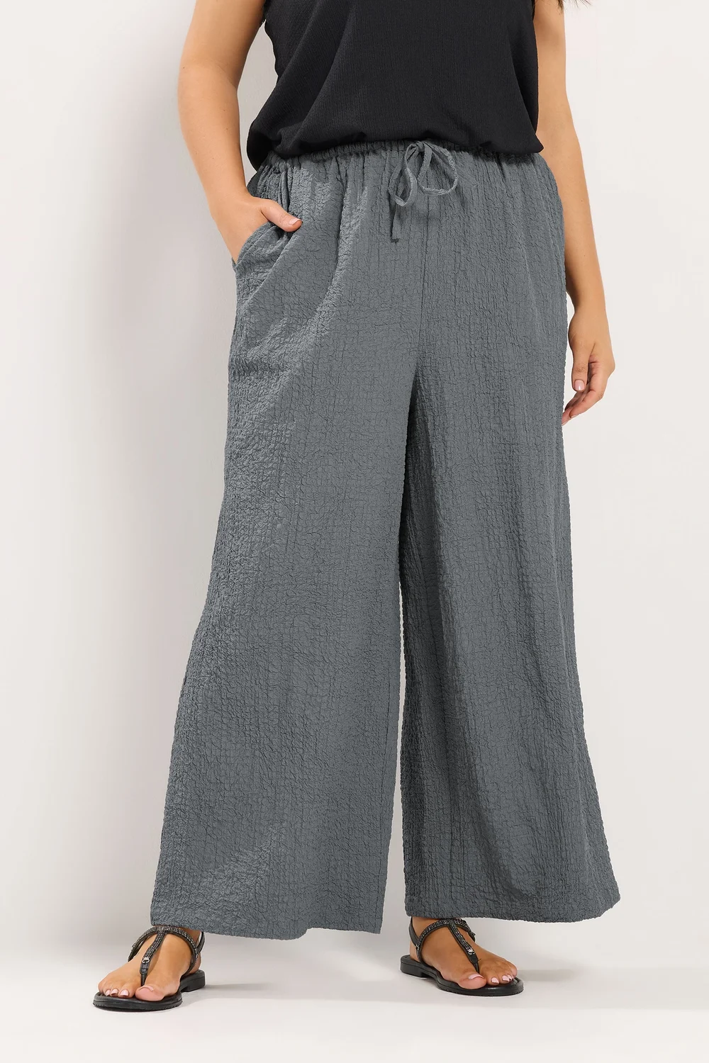 Yours Curve Grey Texture Wide Leg Trousers - 14/L28 Image 1