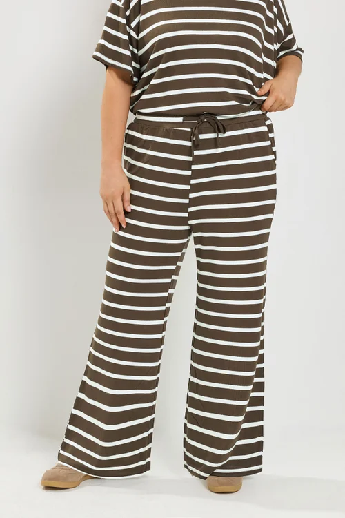 Yours Curve Chocolate Brown Stripe Tie Waist Trousers - 22-24 Image 1