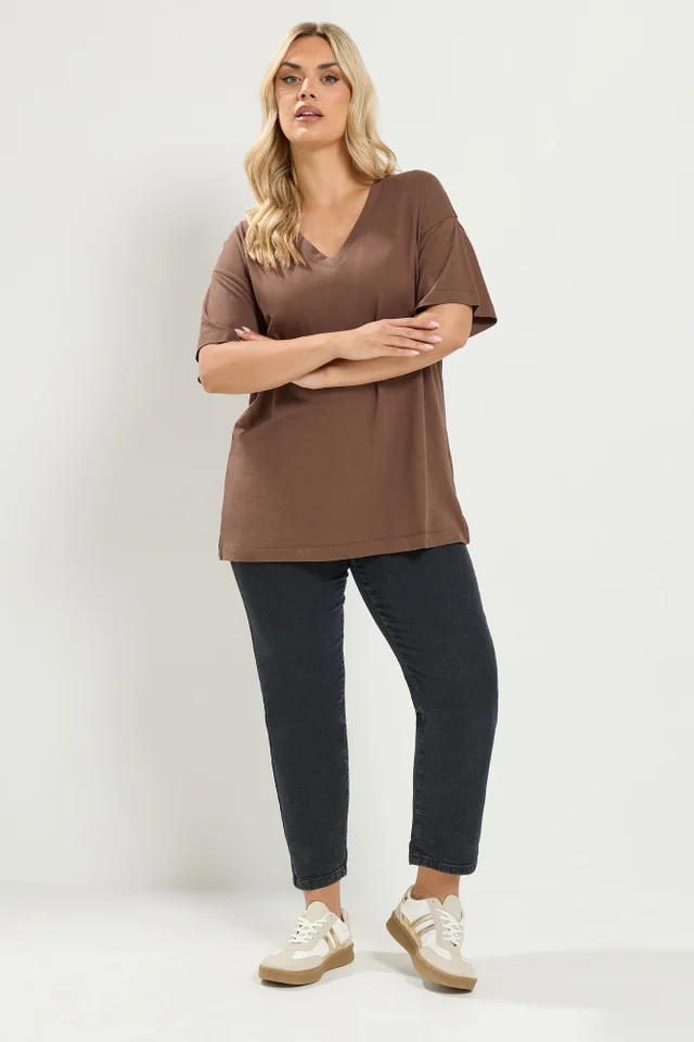 Yours Curve Chocolate Brown V-Neck Longline T-Shirt