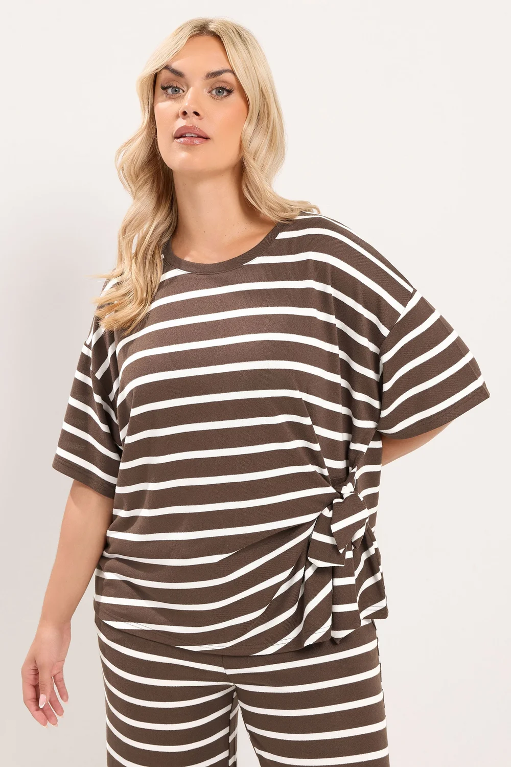 Yours Curve Chocolate Brown Stripe Side Knot Soft Touch Top - 14 Image 1
