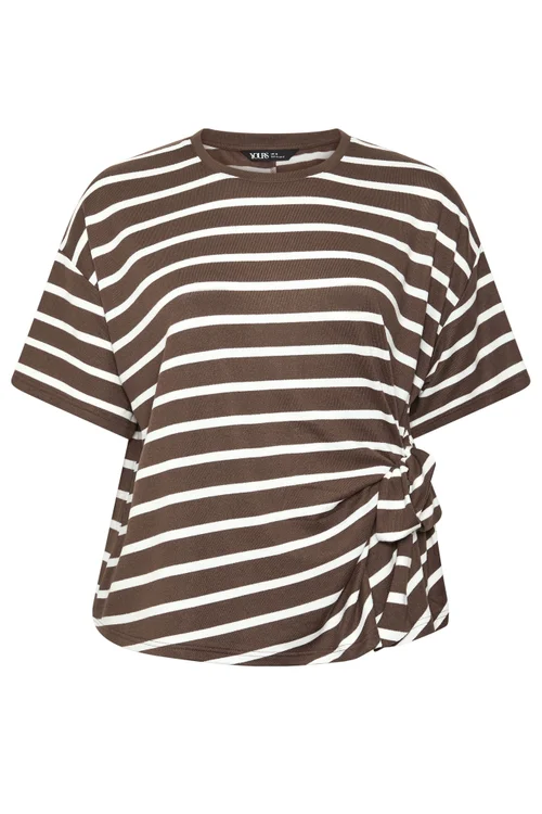 Yours Curve Chocolate Brown Stripe Side Knot Soft Touch Top - 14 Image 5