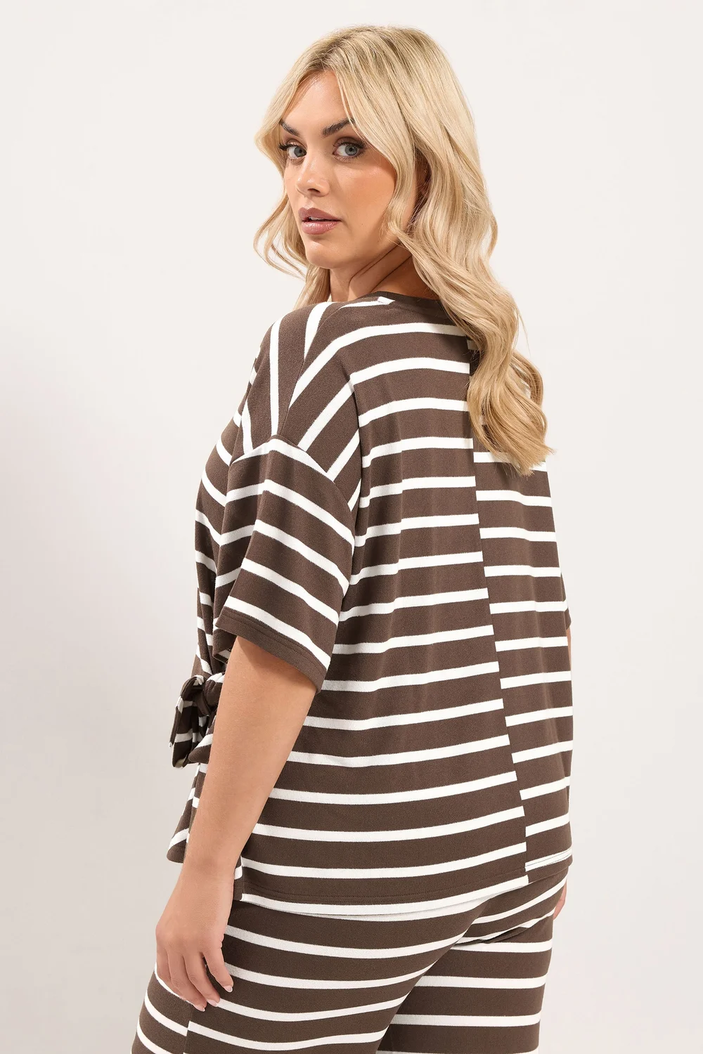 Yours Curve Chocolate Brown Stripe Side Knot Soft Touch Top - 14 Image 3