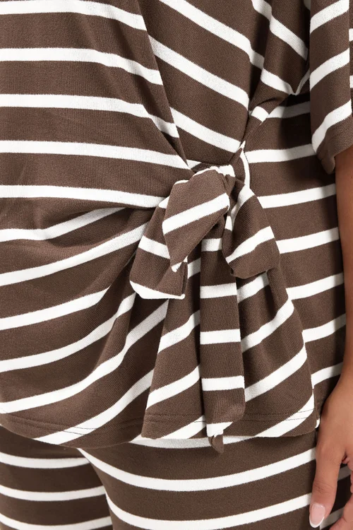 Yours Curve Chocolate Brown Stripe Side Knot Soft Touch Top - 14 Image 4