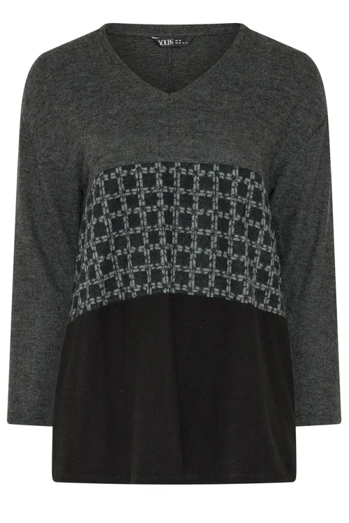 Yours Curve Grey Colourblock Soft Touch Top - 30-32 Image 5