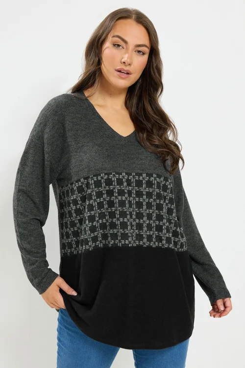 Yours Curve Grey Colourblock Soft Touch Top - 30-32 Image 1