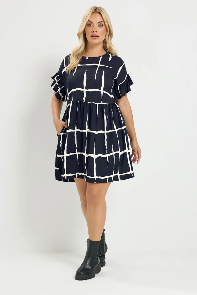 Yours Curve Black Abstract Print Frill Sleeve Mini Dress