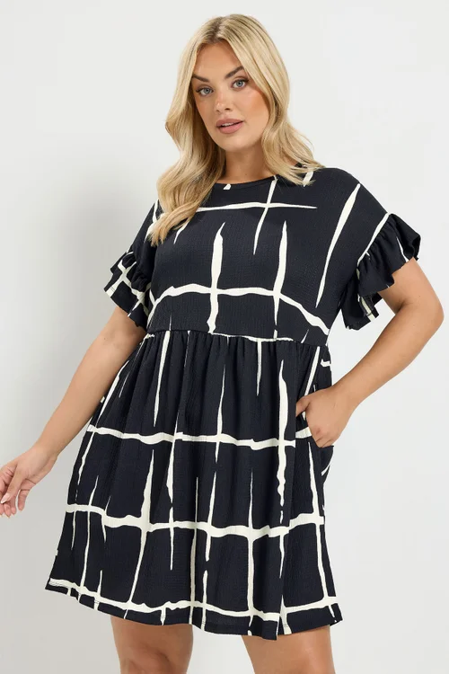 Yours Curve Black Abstract Print Frill Sleeve Mini Dress - 18 Image 1