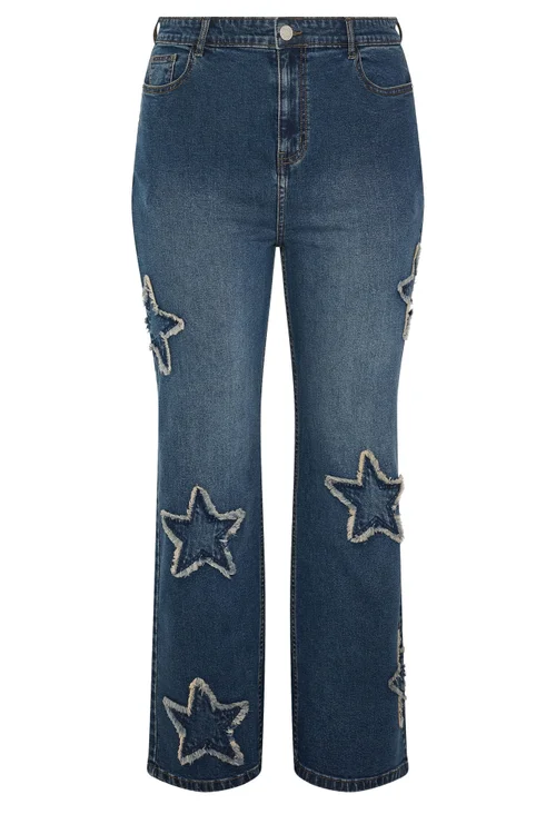 Yours Curve Mid Blue Star Embroidered Jeans - 28/L30 Image 5