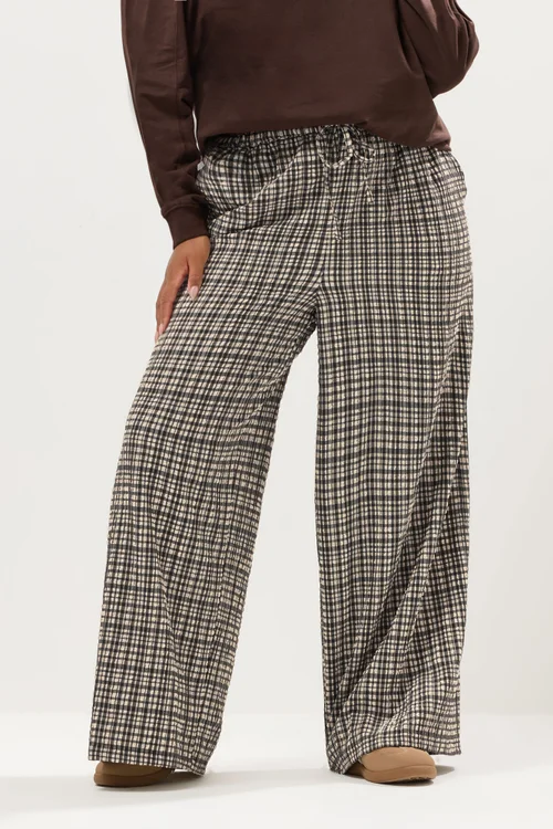 Yours Curve Natural Brown Gingham Wide Leg Texture Trousers - 18/L28 Image 1