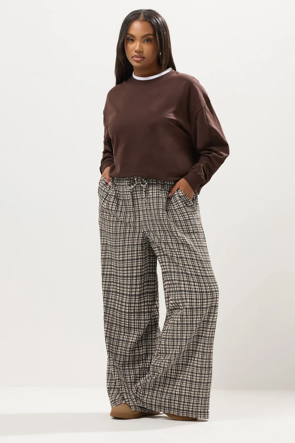 Yours Curve Natural Brown Gingham Wide Leg Texture Trousers - 18/L28 Image 2