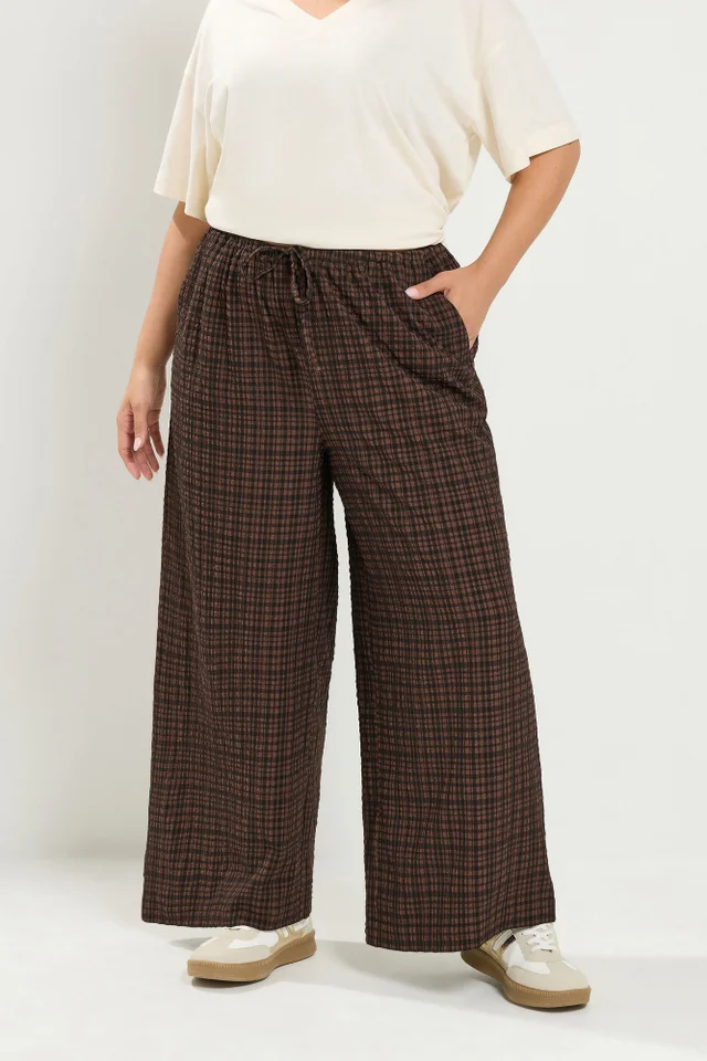 Yours Curve Chocolate Brown Gingham Wide Leg Texture Trousers