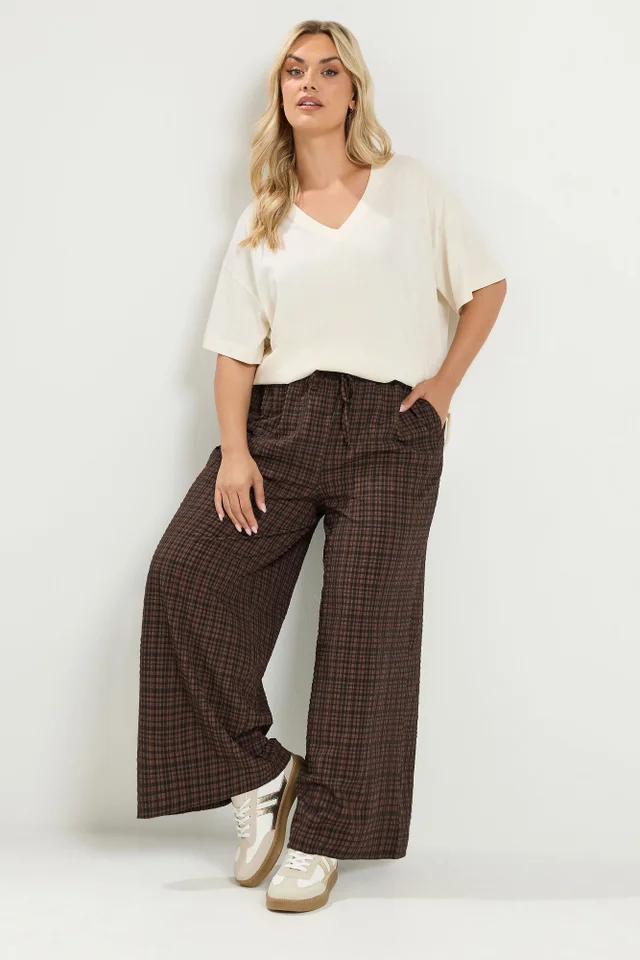 Yours Curve Chocolate Brown Gingham Wide Leg Texture Trousers