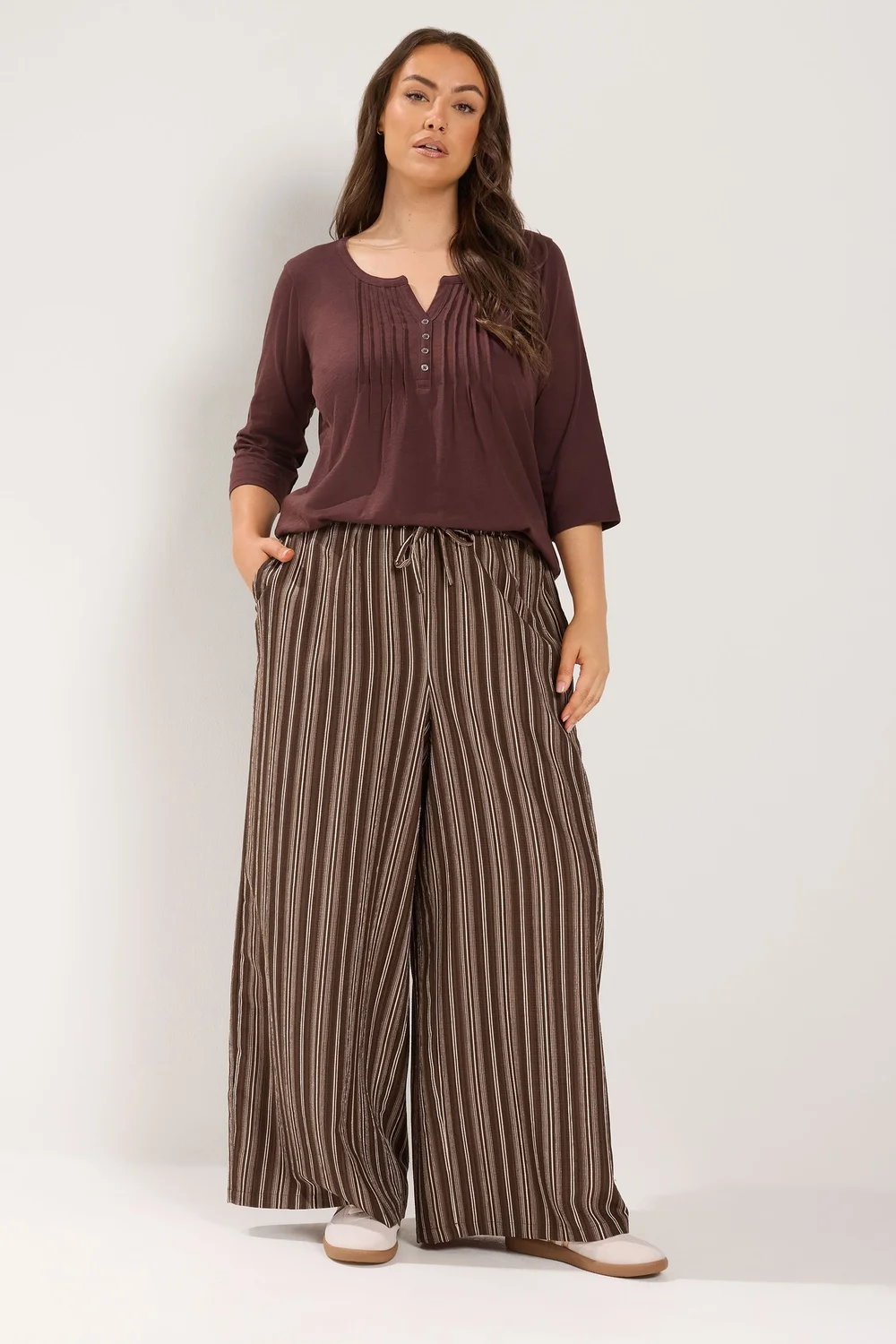 Yours Curve Chocolate Brown Stripe Trousers - 26-28/L30 Image 2