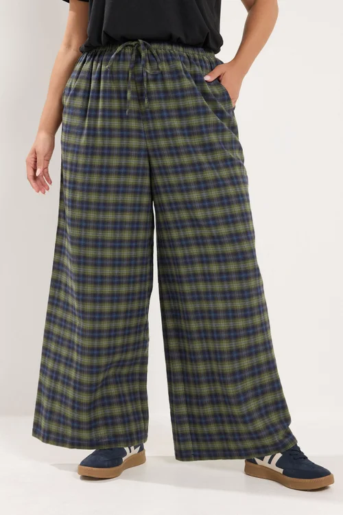 Yours Curve Green Check Wide Leg Woven Trousers - 20/L28 Image 1