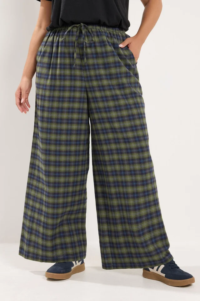 Yours Curve Green Check Wide Leg Woven Trousers