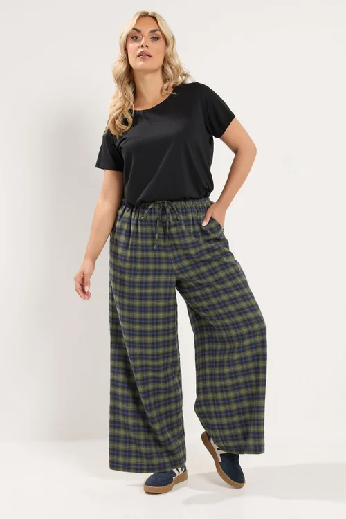 Yours Curve Green Check Wide Leg Woven Trousers - 20/L28 Image 2