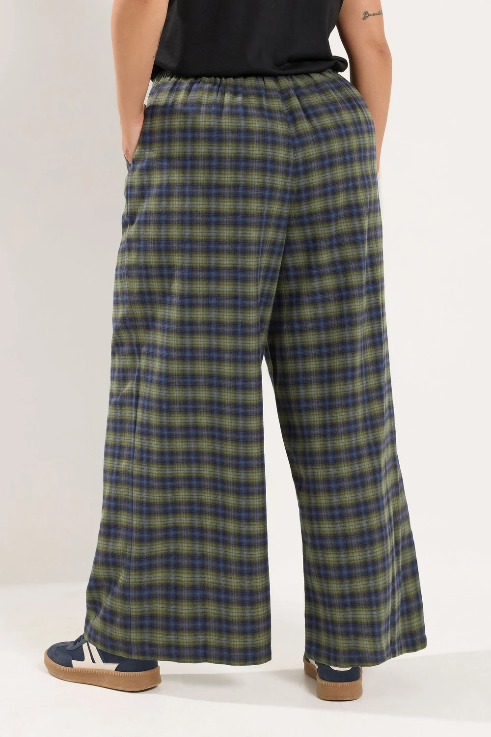 Yours Curve Green Check Wide Leg Woven Trousers - 20/L28 Image 3
