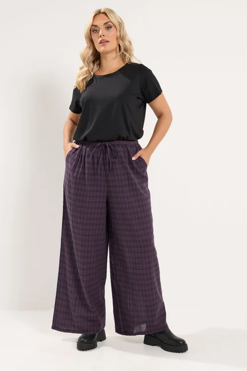 Yours Curve Burgundy Red Check Wide Leg Woven Trousers - 22-24/L30 Image 2