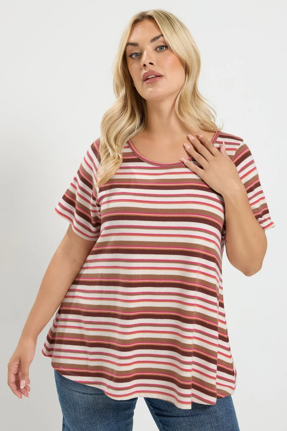 Yours Curve Natural Brown & Pink Stripe Ribbed Top - 20 Image 1
