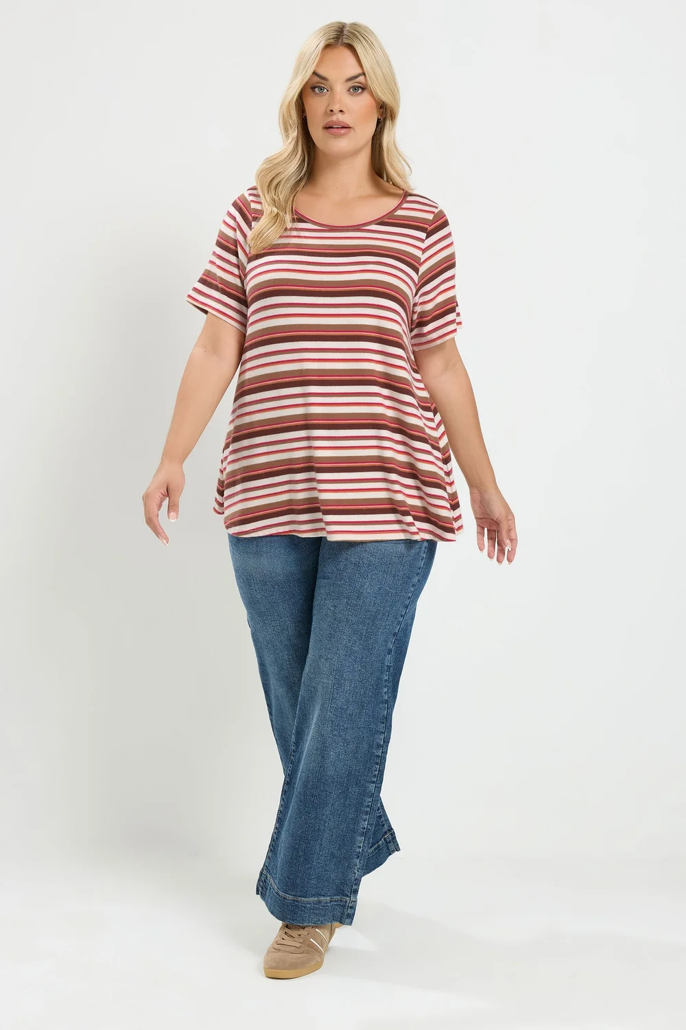Yours Curve Natural Brown & Pink Stripe Ribbed Top - 20 Image 2