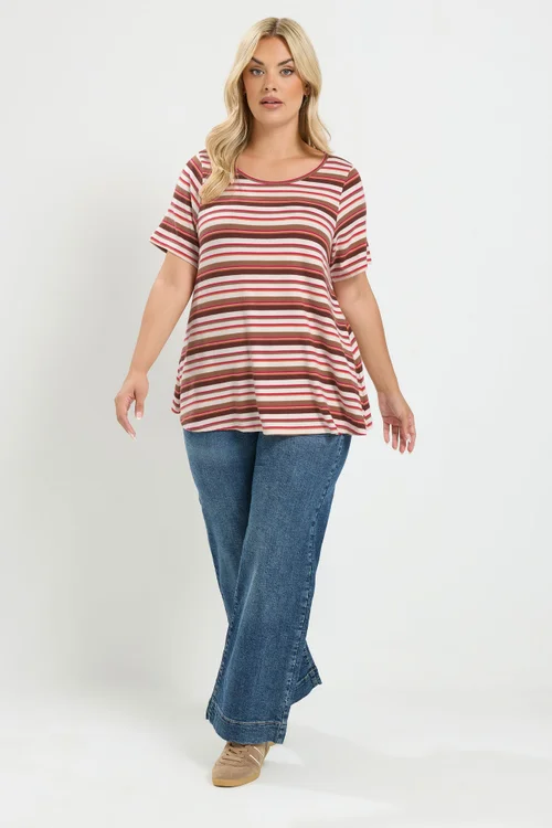 Yours Curve Natural Brown & Pink Stripe Ribbed Top - 20 Image 2