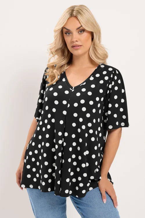 Yours Curve Black Polka Dot Pleated Front Top - 22-24 Image 1