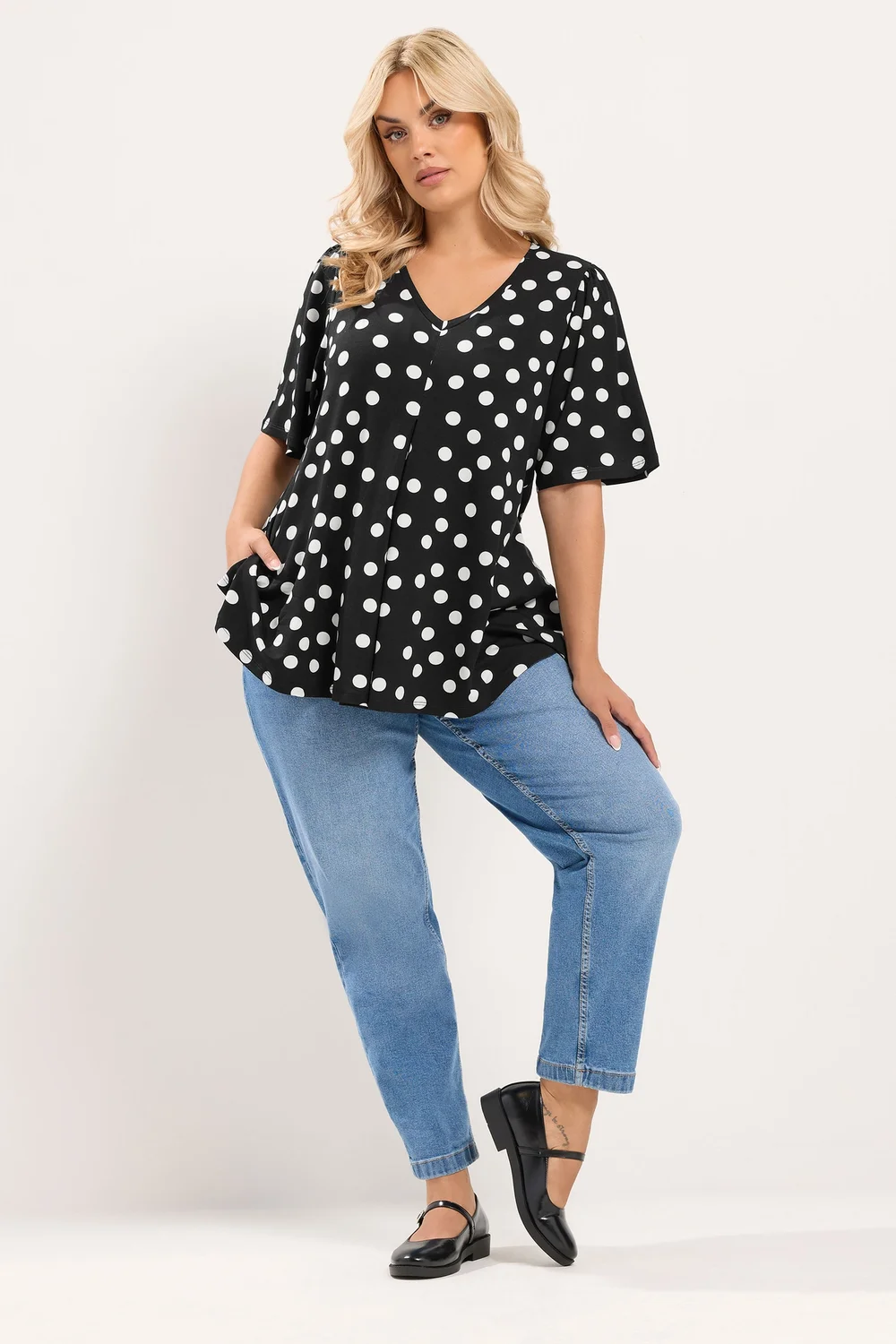 Yours Curve Black Polka Dot Pleated Front Top - 22-24 Image 2