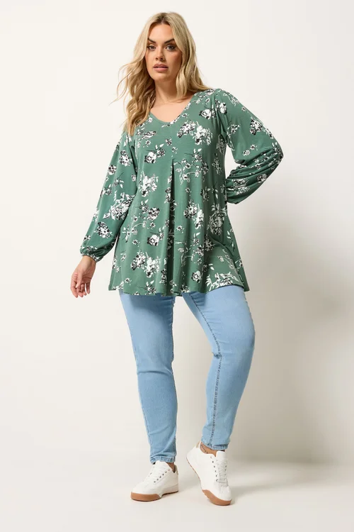 Yours Curve Green Floral Pleated Front Top - 18 Image 2